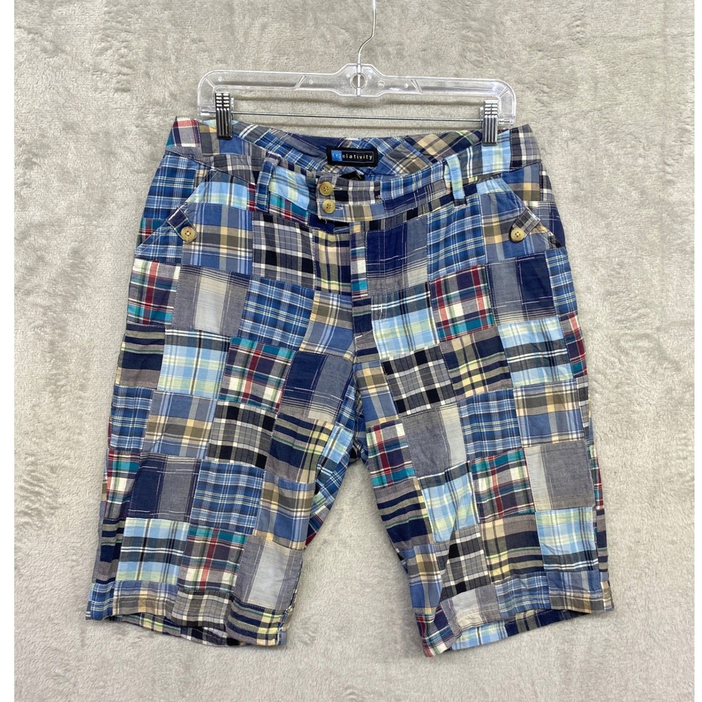 Relativity Madras Plaid Patchwork Shorts Blue Womens 12 Eclectic Preppy Cotton